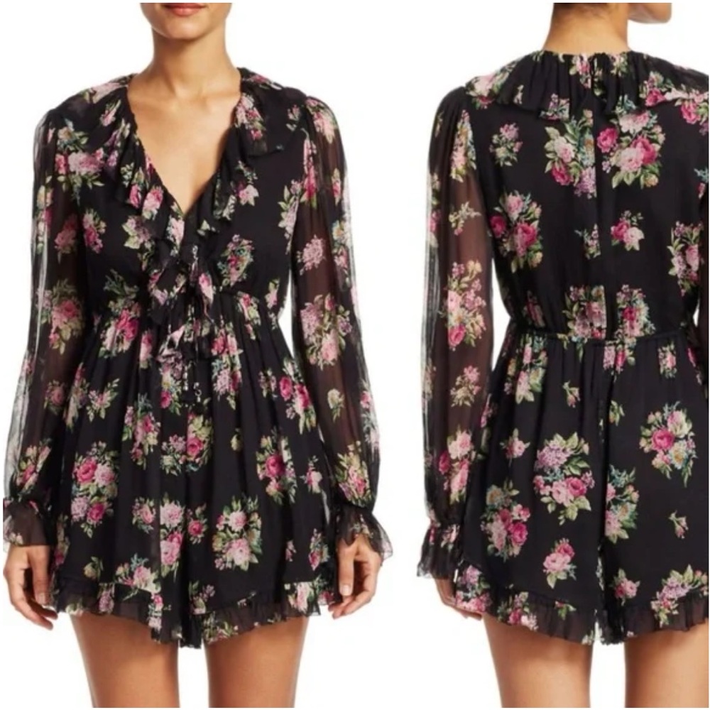 ZIMMERMANN Honour Floating Silk Black Floral Ruffle
Playsuit Romper 2 = 6 8 US M